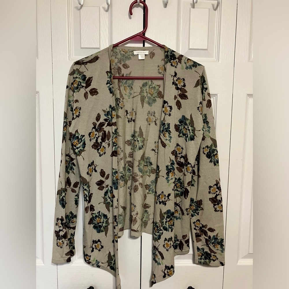 Garnet Hill 100% Merino Wool‎ Cardigan Sweater Size S Taupe Floral Open Front